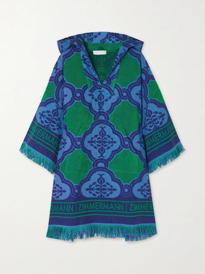 Zimmermann Fringed hooded cotton-terry jacquard coverup at Collagerie