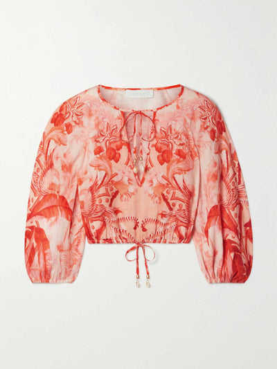Zimmermann Cropped shell-embellished printed linen top at Collagerie