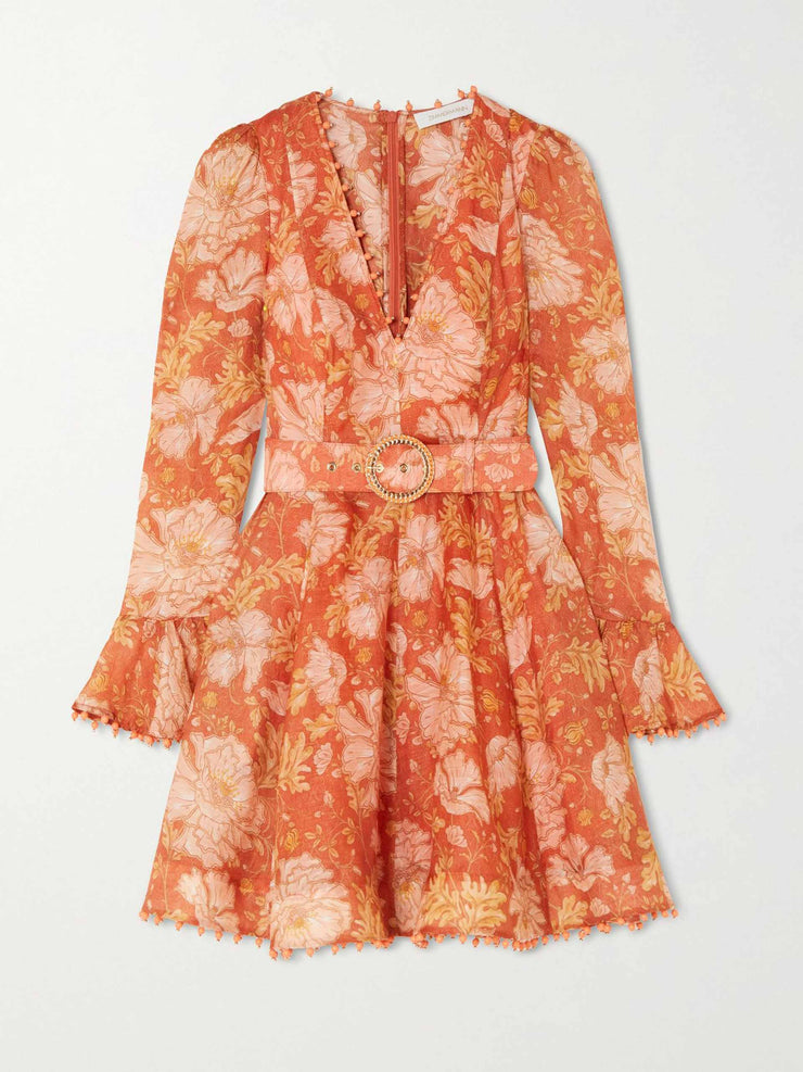 Belted embellished floral-print mini dress