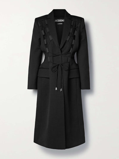 Jacquemus Black wool coat with tie details at Collagerie