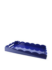 Navy blue large scalloped straight sided ottoman tray by Addison Ross. Finished in high gloss lacquer with extra long handles with cream velvet base | Collagerie.com