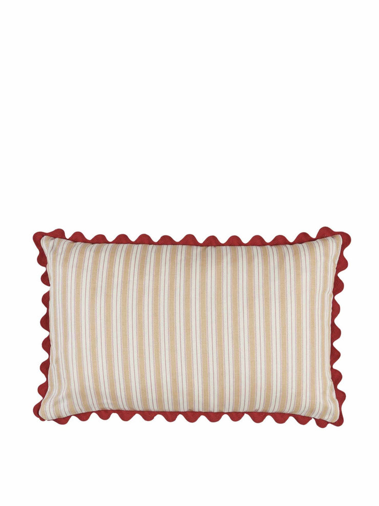 Red and orange ikat and stripe cushion with red wavy trim