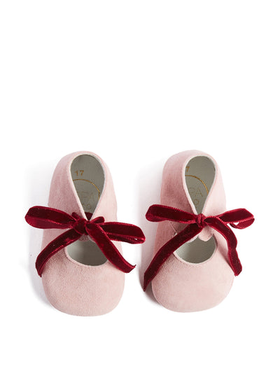 Pepa And Company Pink suede shoes with velvet ribbon at Collagerie