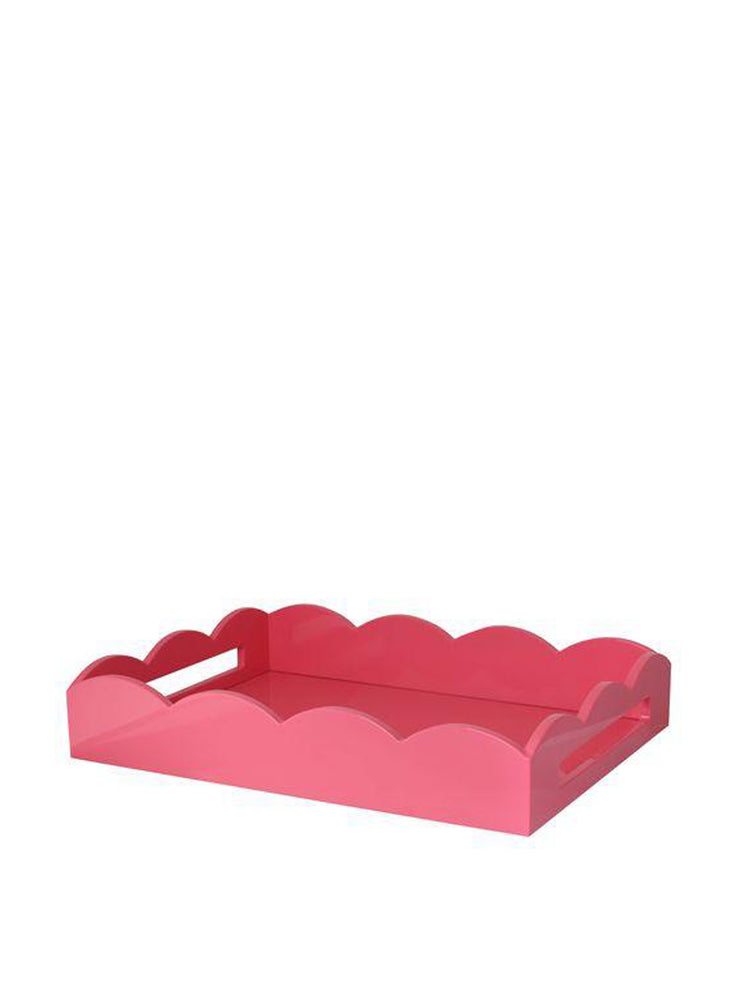 Pink medium scalloped straight sided ottoman tray by Addison Ross. Finished in high gloss lacquer with extra long handles with a cream velvet base | Collagerie.com