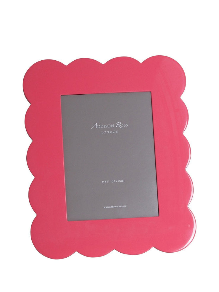 Addison Ross pink scalloped photo frame in high gloss lacquer. Clean with a soft dry cloth. Overall size is 23 x 28cm, suitable to fit a 5 x 7" in photo | Collagerie.com