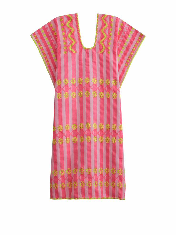 Pink stripe kaftan with yellow motifs