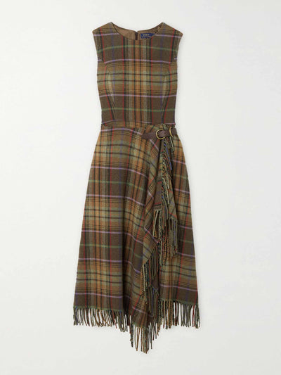 Ralph Lauren Wrap-effect fringed checked wool-blend midi dress at Collagerie