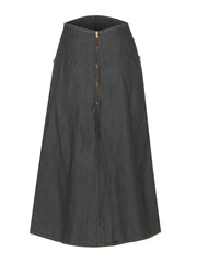 A lightweight black denim Anna Mason skirt with gold buttons that's comfortable, flattering and a hero piece for every occasion. Collagerie.com