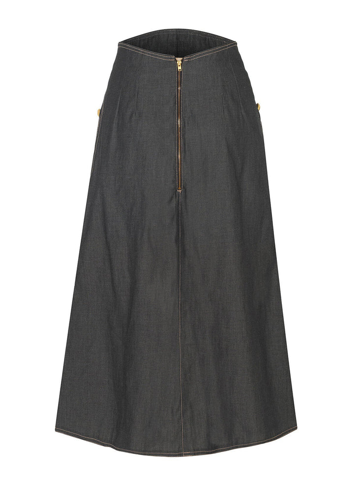 A lightweight black denim Anna Mason skirt with gold buttons that&