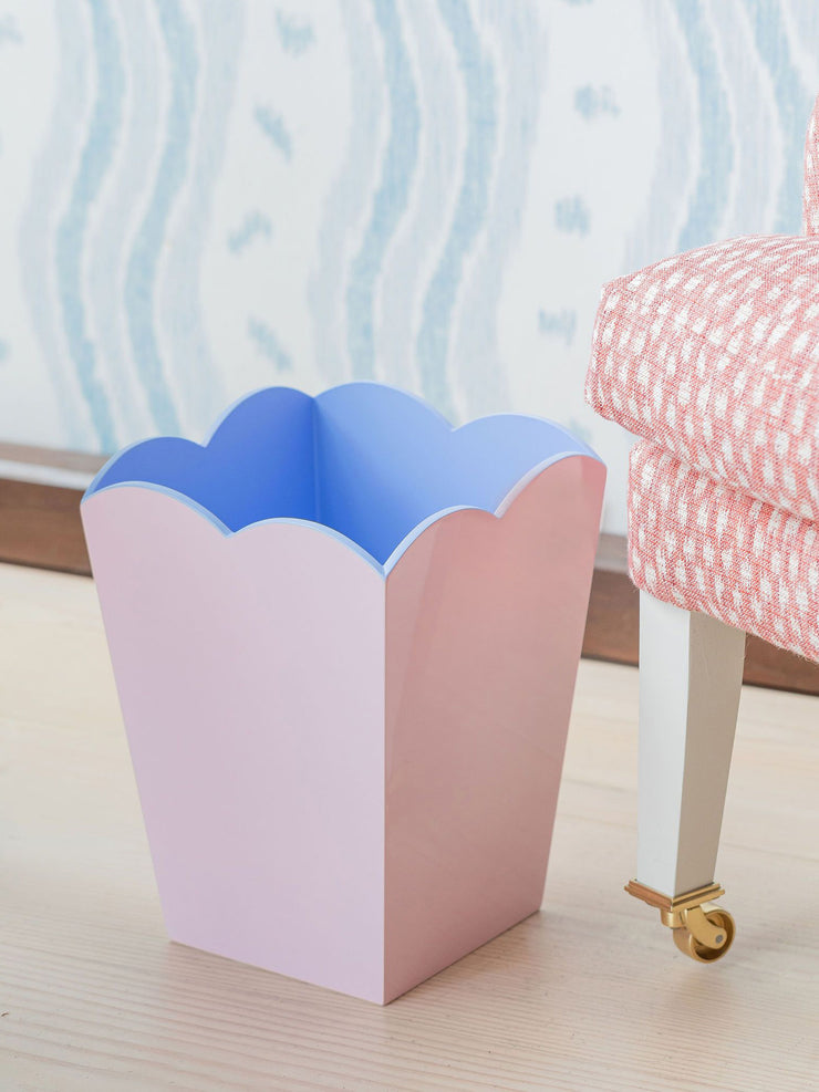 Beautiful scalloped pink waste paper bins by Addison Ross. Finished in 20 coats of high gloss lacquer with a blue matt interior | Collagerie.com