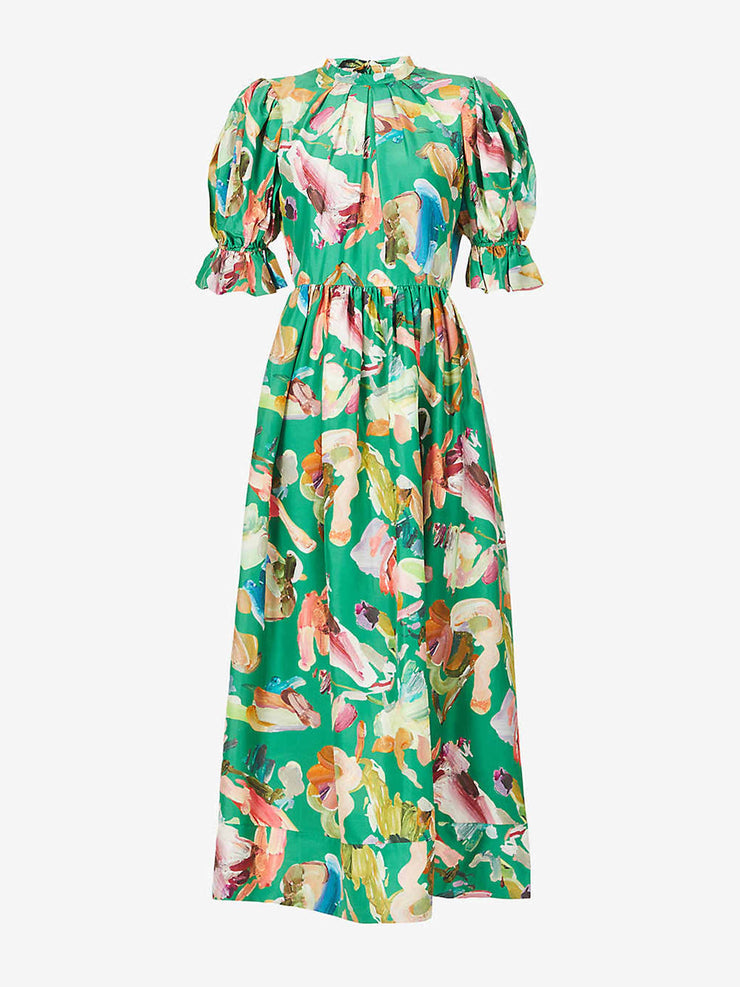 Abstract-pattern puff-sleeve silk midi dress