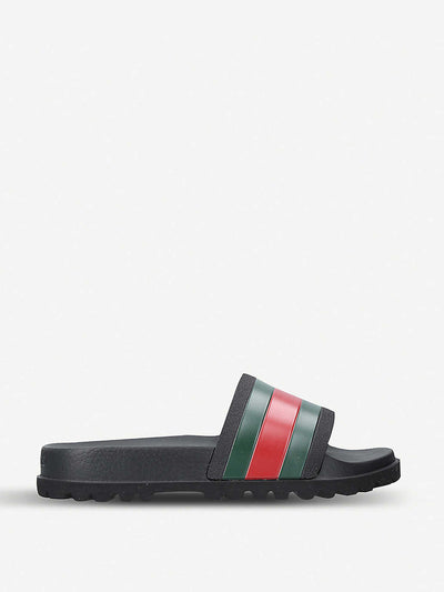 Gucci Pursuit striped rubber sliders at Collagerie
