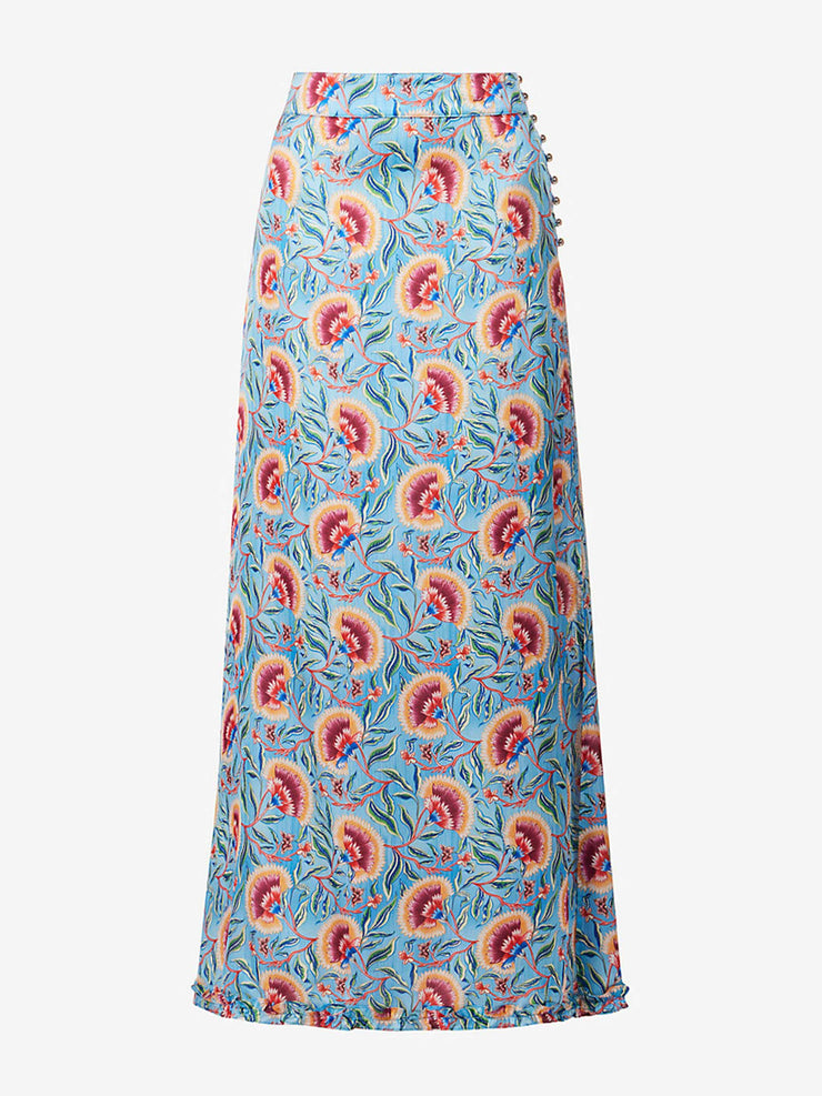 Ruffled floral-print satin maxi skirt