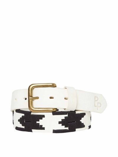 De Las Pampas White and black embroidered leather belt at Collagerie