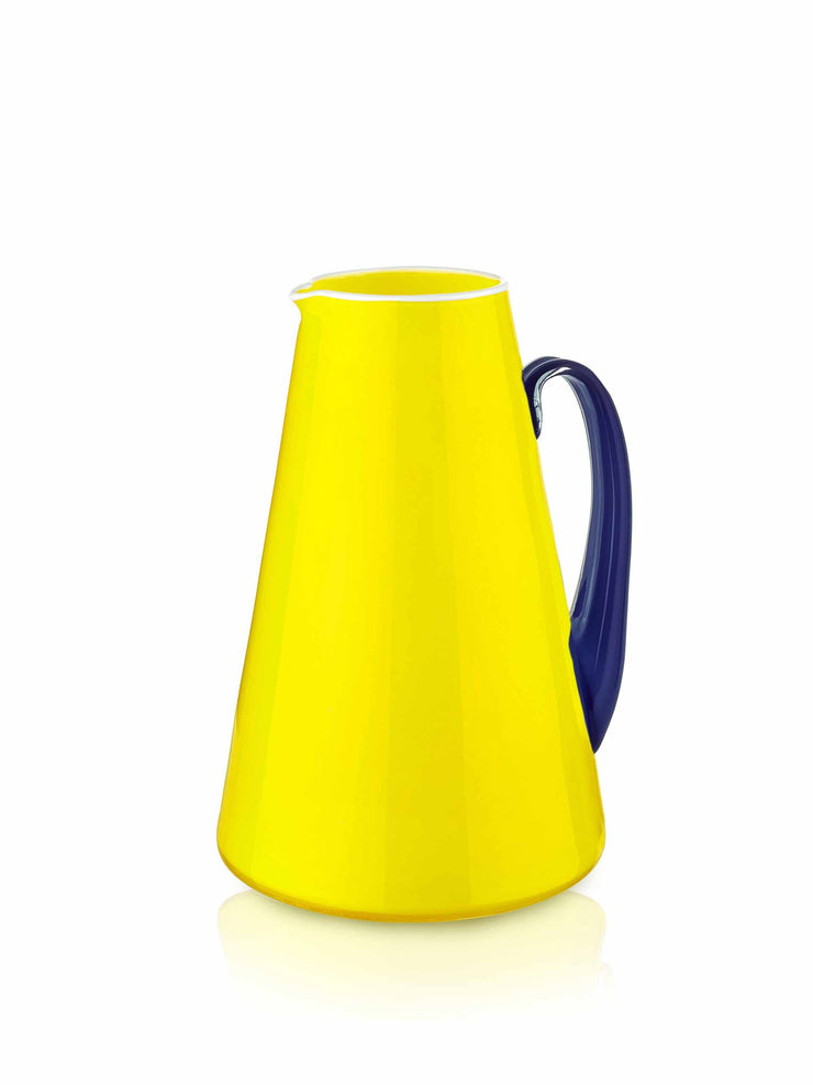 Yellow hand blown glass jug with blue handle