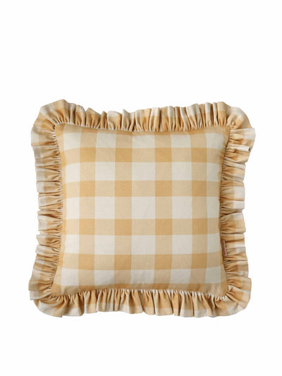 Susi Bellamy Ruffled caramel check cotton cushion at Collagerie