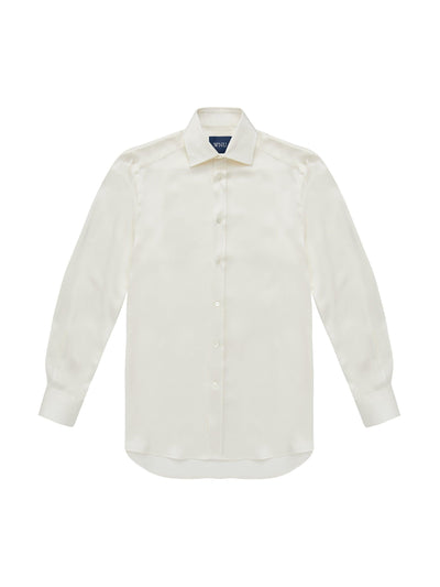 With Nothing Underneath The Boyfriend: pearl white silk shirt at Collagerie