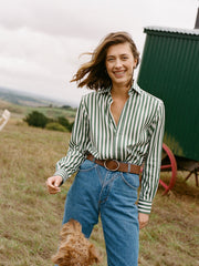 The Boyfriend: forest green stripe Tencel shirt  With Nothing Underneath    - Collagerie