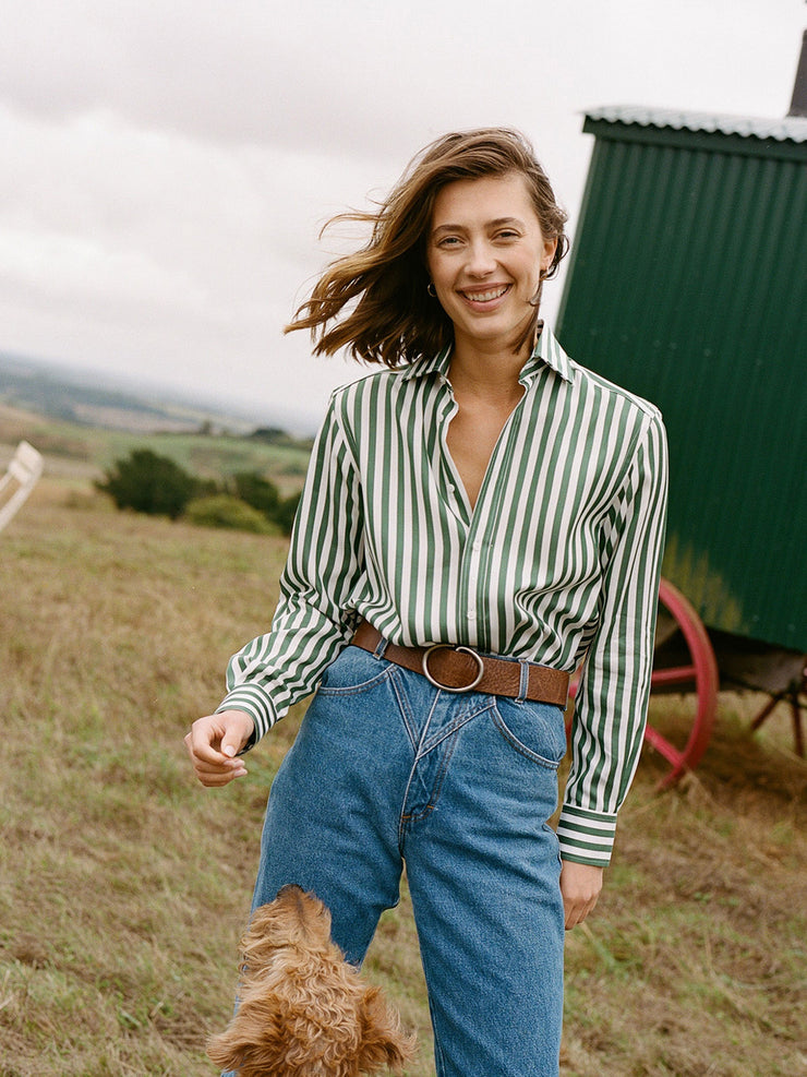 The Boyfriend: forest green stripe Tencel shirt  With Nothing Underneath    - Collagerie