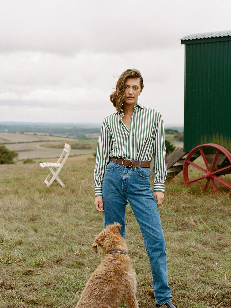 The Boyfriend: forest green stripe Tencel shirt  With Nothing Underneath    - Collagerie