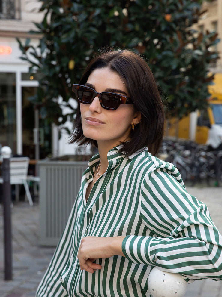 The Boyfriend: forest green stripe Tencel shirt  With Nothing Underneath    - Collagerie