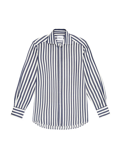 With Nothing Underneath The Boyfriend: navy blue stripe Tencel shirt at Collagerie