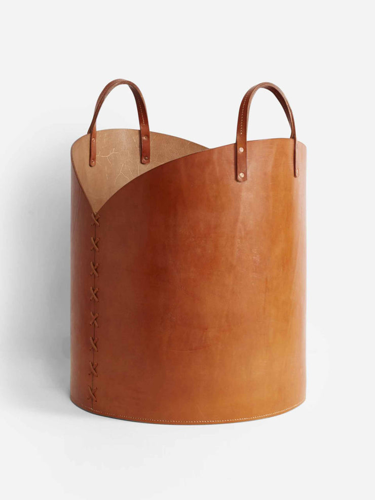 Tan leather log basket