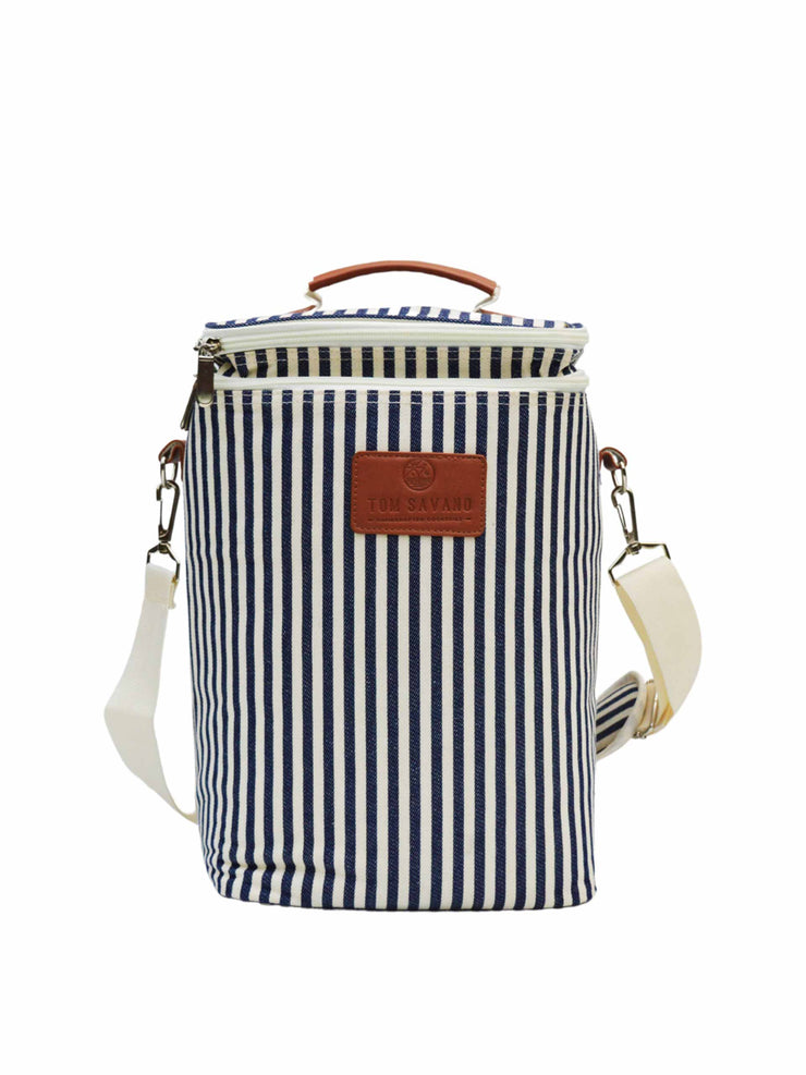 Navy and white striped bottle cooler bag