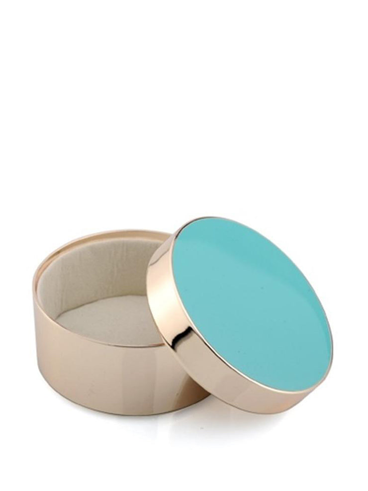 Beautiful small turquoise enamel and gold plate trinket pot by Addison Ross. Lined in soft stone coloured velvet with a removable lid | Collagerie.com