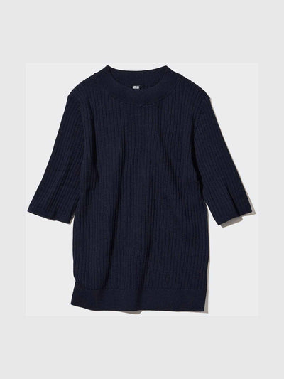 Uniqlo Navy merino ribbed half sleeved short jumper at Collagerie