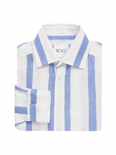 With Nothing Underneath The Boyfriend: ocean blue stripe weave shirt at Collagerie