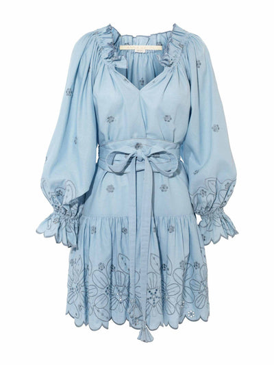 Anna Mason Bardot embroidered blue mini dress at Collagerie