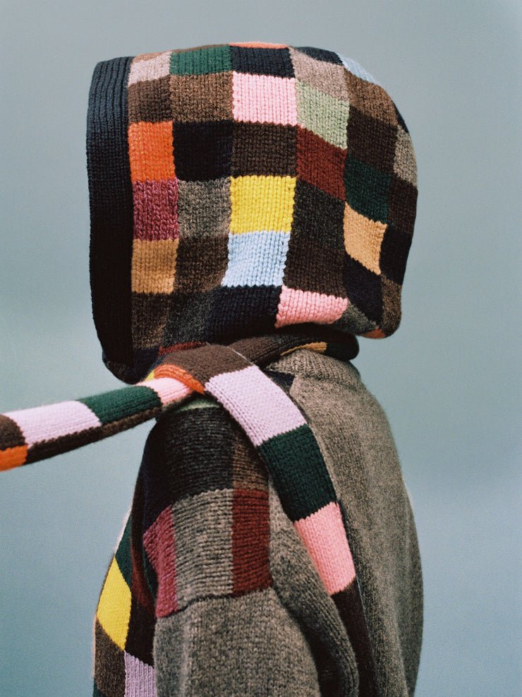Patchwork hand knitted Geelong skinny scarf in multicolour