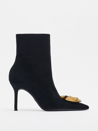 Zara Leather heeled ankle boots with metal flower at Collagerie